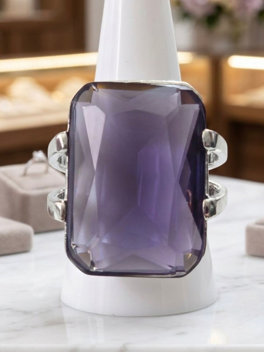 Sequin NYC Large Emerald-Cut Amethyst Purple Crystal Statement Cocktail Ring